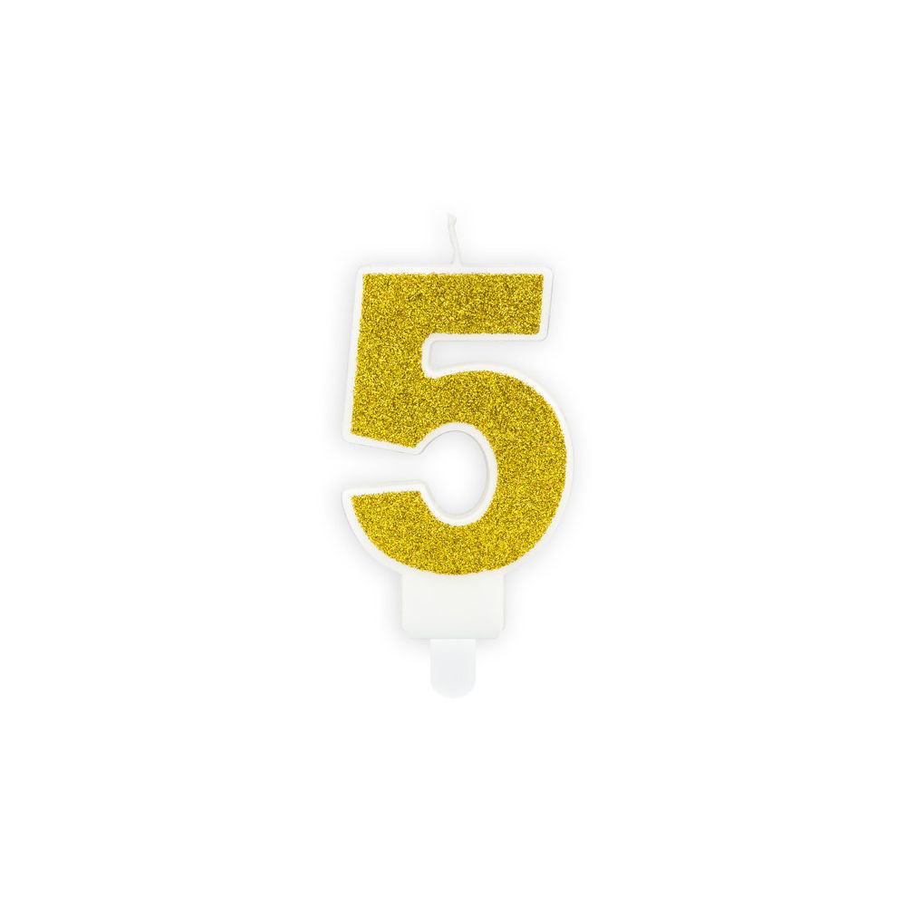 Świeczka urodzinowa cyferka 5 - PartyDeco - brokatowa, złota