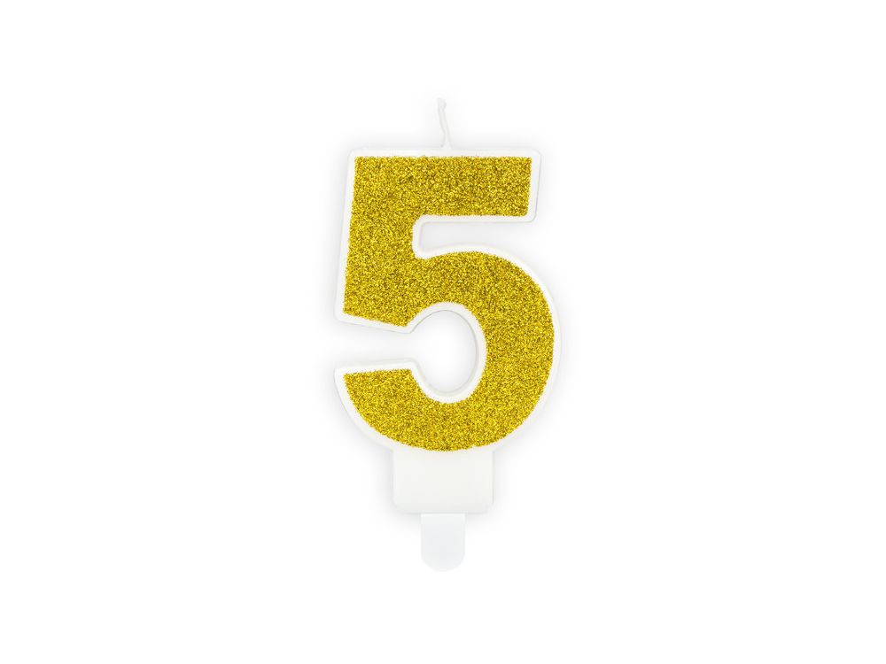 Birthday candle number 5 - PartyDeco - glitter gold