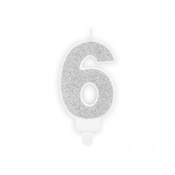 Birthday candle number 6 - PartyDeco - glitter silver