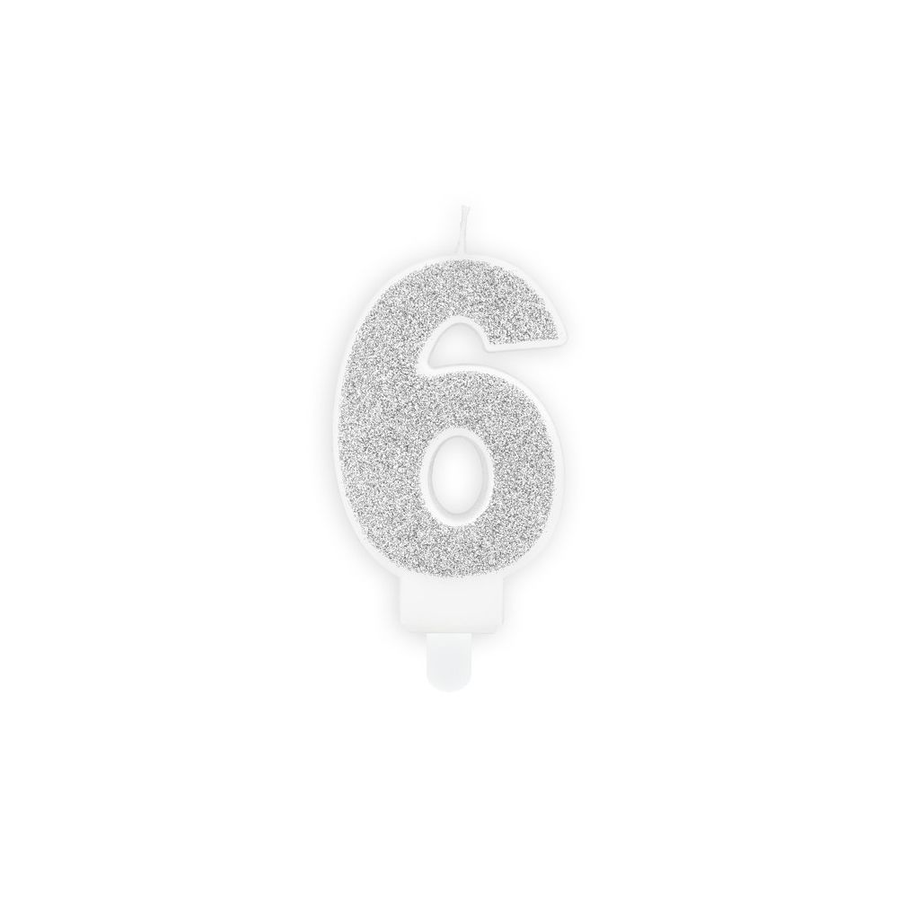 Świeczka urodzinowa cyferka 6 - PartyDeco - brokatowa, srebrna