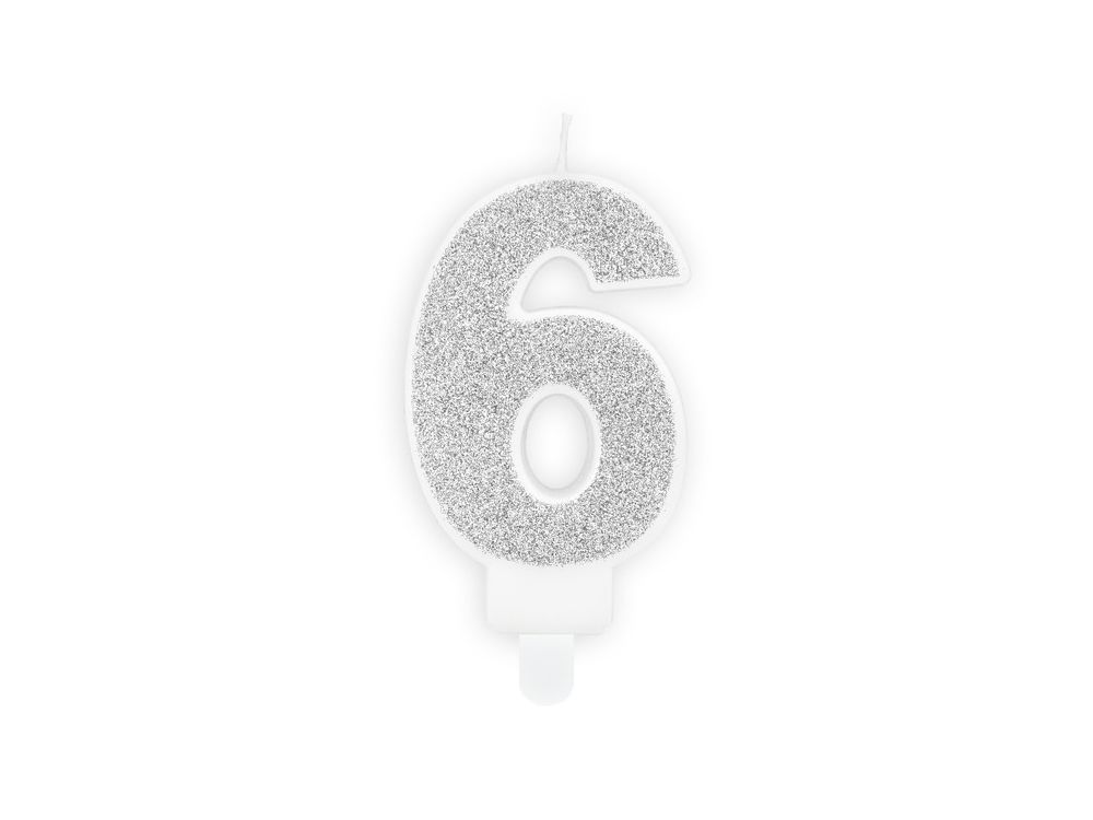 Birthday candle number 6 - PartyDeco - glitter silver