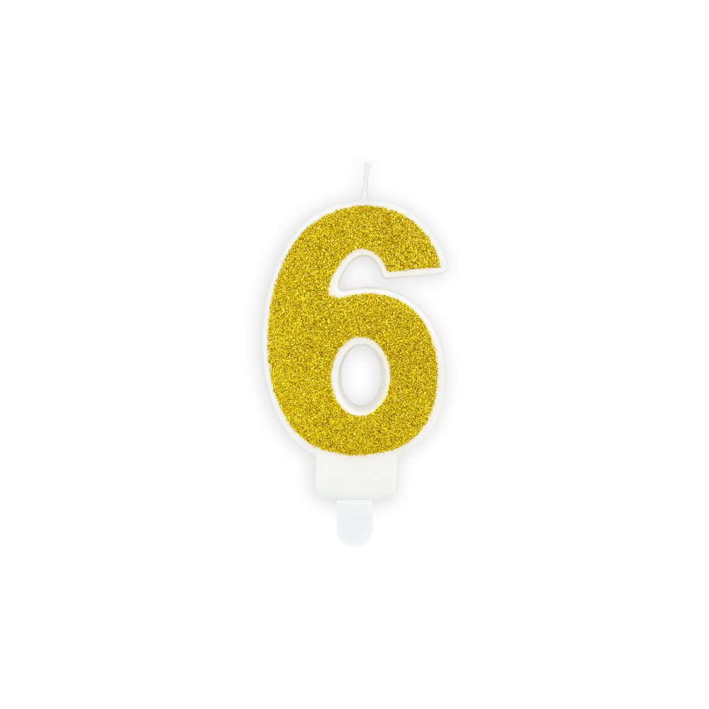 Świeczka urodzinowa cyferka 6 - PartyDeco - brokatowa, złota