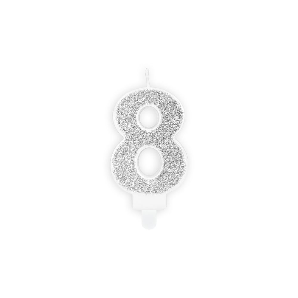 Świeczka urodzinowa cyferka 8 - PartyDeco - brokatowa, srebrna