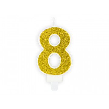 Świeczka urodzinowa cyferka 8 - PartyDeco - brokatowa, złota