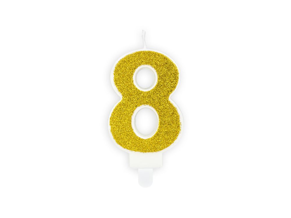 Birthday candle number 8 - PartyDeco - glitter gold