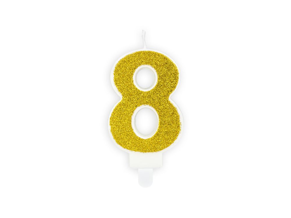 Świeczka urodzinowa cyferka 8 - PartyDeco - brokatowa, złota