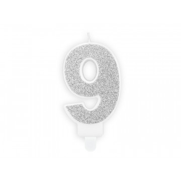 Świeczka urodzinowa cyferka 9 - PartyDeco - brokatowa, srebrna