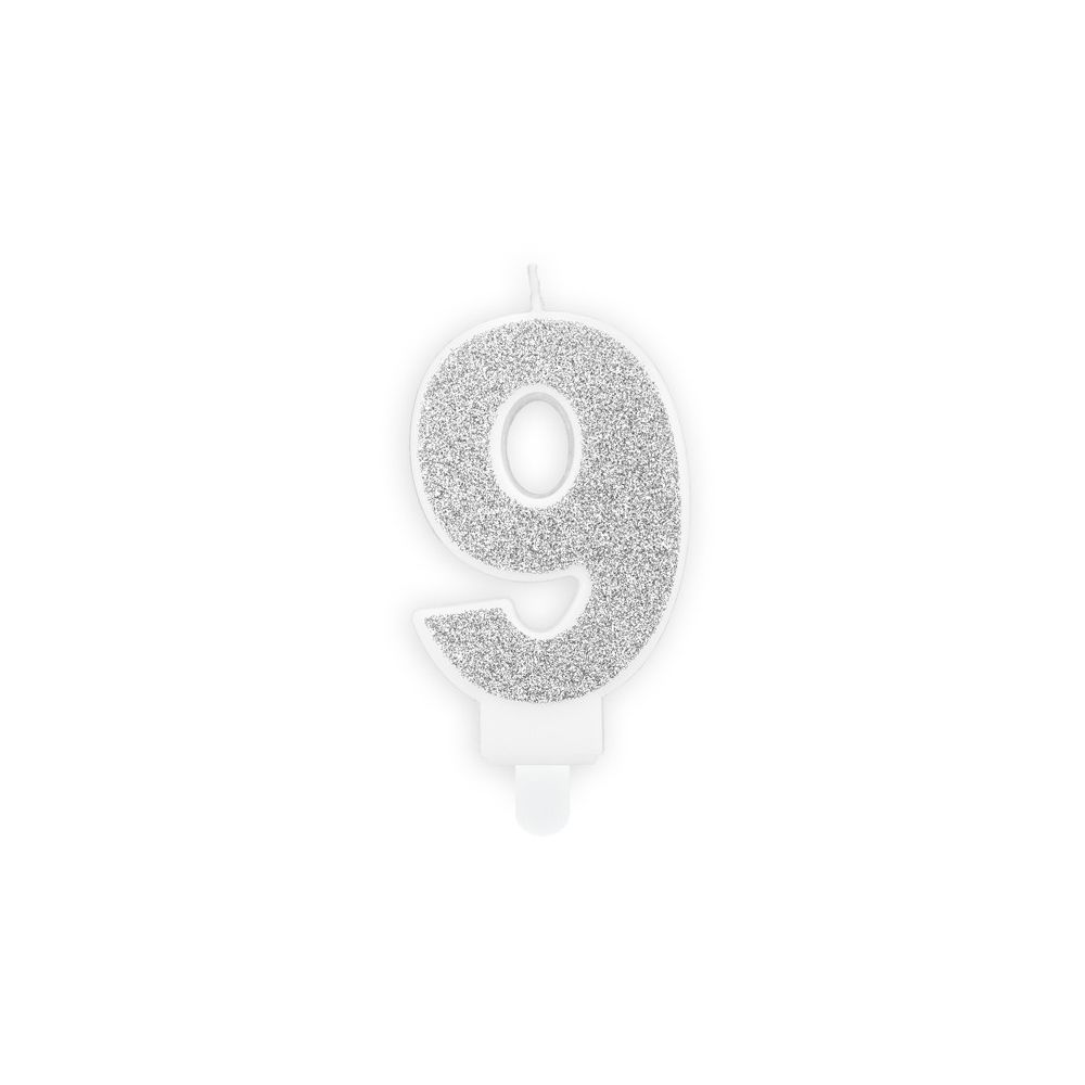 Świeczka urodzinowa cyferka 9 - PartyDeco - brokatowa, srebrna