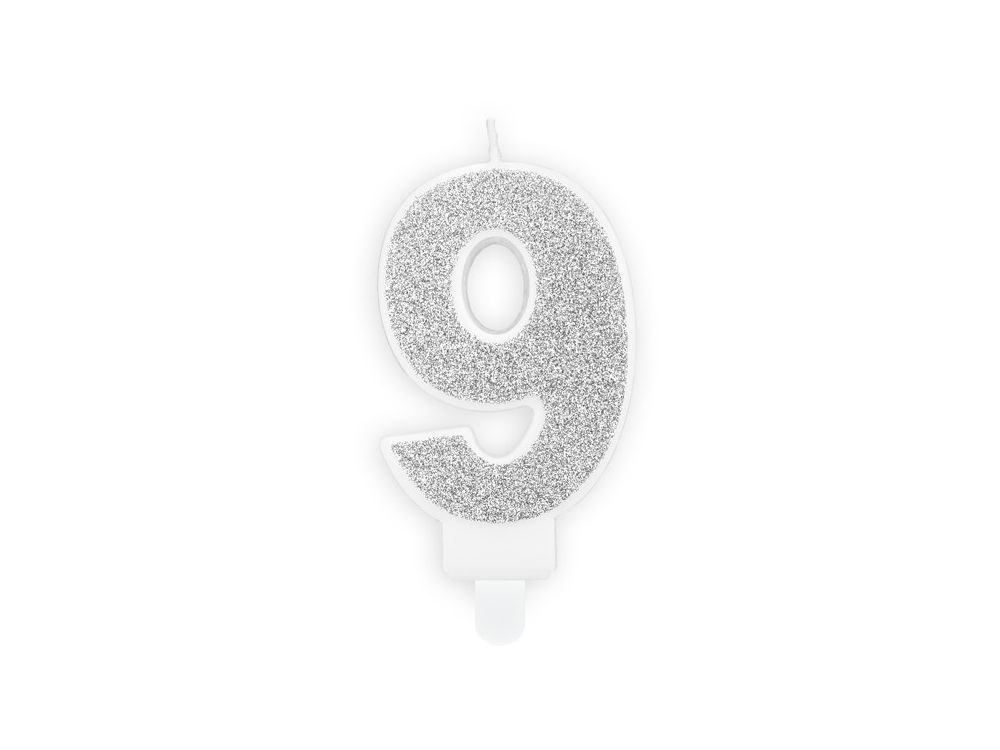 Birthday candle number 9 - PartyDeco - glitter silver
