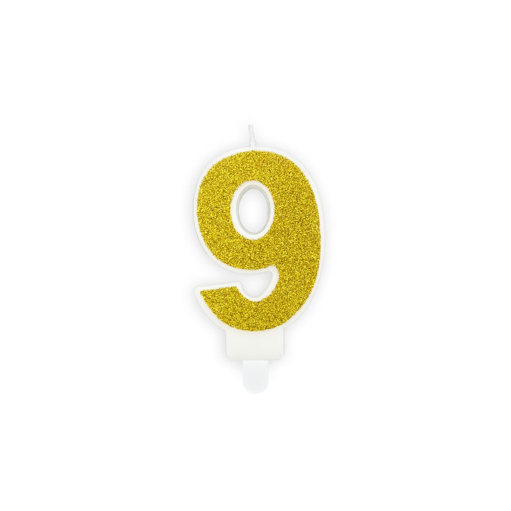 Świeczka urodzinowa cyferka 9 - PartyDeco - brokatowa, złota