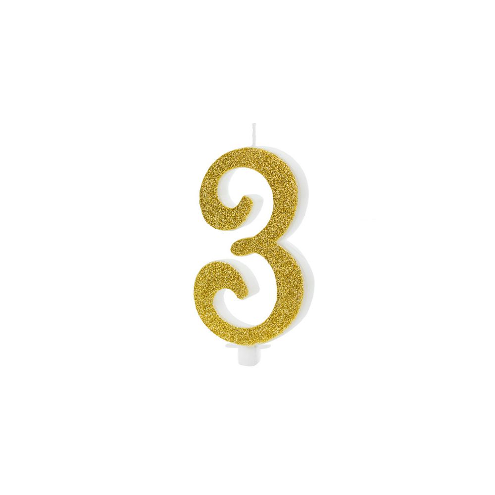 Świeczka urodzinowa cyferka 3 - PartyDeco - brokatowa, złota