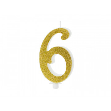 Birthday candle number 6 - PartyDeco - glitter gold