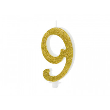 Birthday candle number 9 - PartyDeco - glitter gold