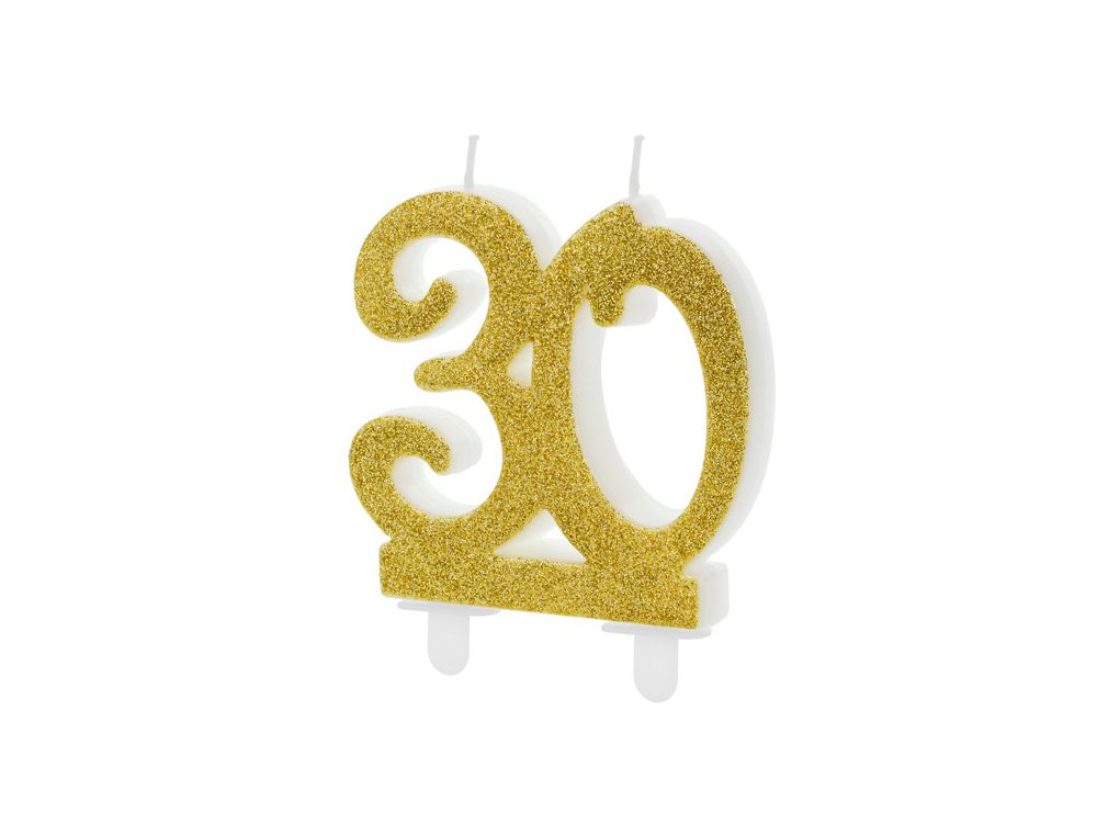Świeczka urodzinowa liczba 30 - PartyDeco - brokatowa, złota
