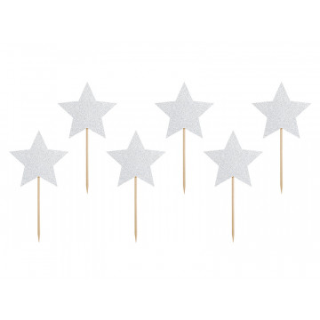 Cupcake toppers Stars - PartyDeco - silver, 11,5 cm, 6 pcs.
