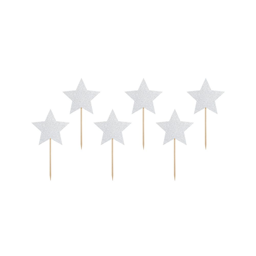 Cupcake toppers Stars - PartyDeco - silver, 11,5 cm, 6 pcs.
