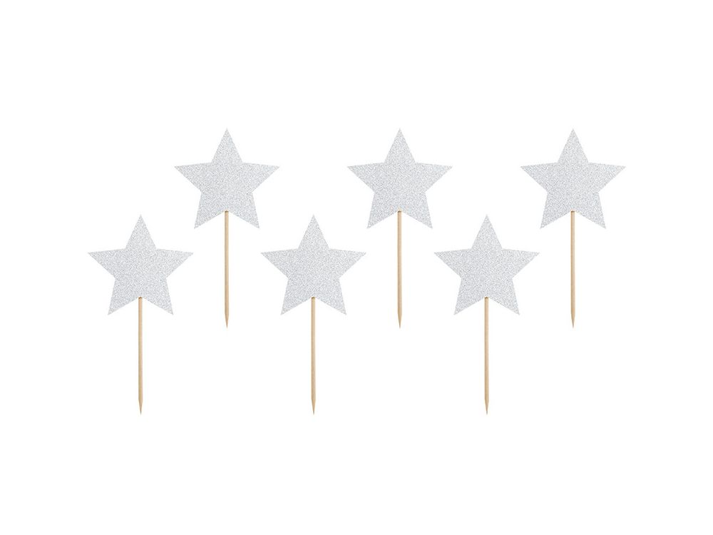 Toppery do muffinek Gwiazdki - PartyDeco - srebrne, 11,5 cm, 6 szt.