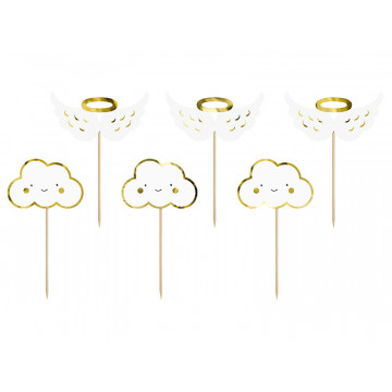 Cupcake toppers Clouds and Wings - PartyDeco - white and silver, 12,5 cm, 6 pcs.