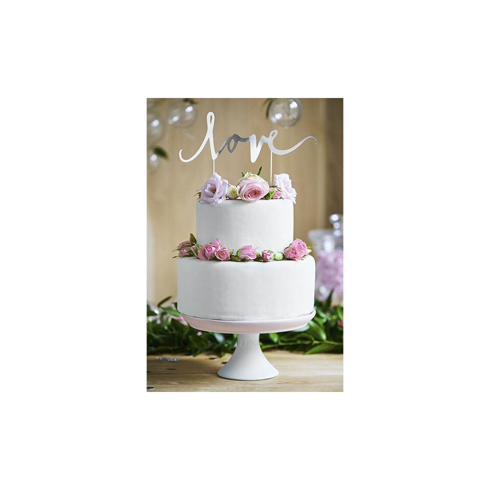 Topper na tort Love - PartyDeco - srebrny, 17 cm