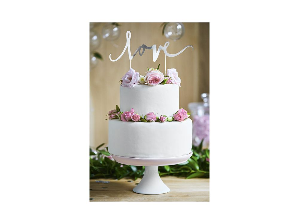 Topper na tort Love - PartyDeco - srebrny, 17 cm