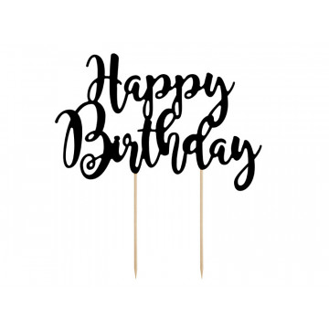 Topper na tort Happy Birthday - PartyDeco - czarny, 22,5 cm