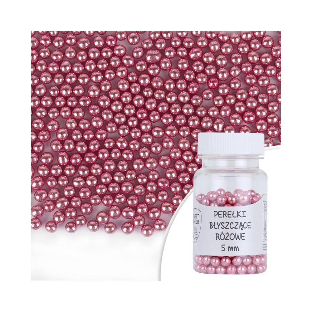 Sugar sprinkles - pearls, shiny, pink, 5 mm, 40 g